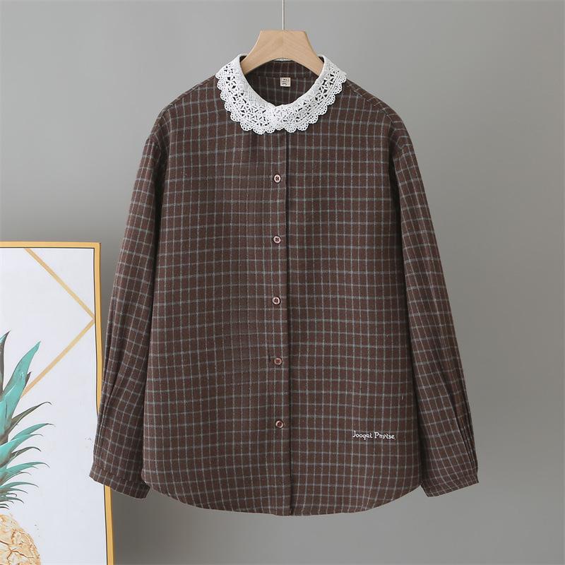 Plus Size Women's 2026 Spring Plaid Coat with Lace Collar Cardigan - Slimming Long Sleeve Shirt