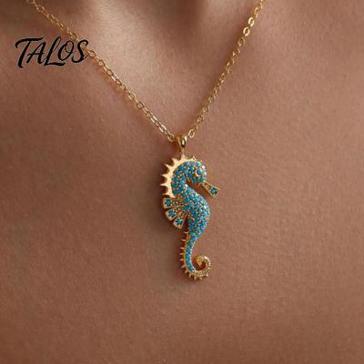 Talos Women Blue Seahorse Necklace, Rhinestone Pendant Stylish Sea Creature Summer Beach Gift for Her Wife Girlfriend