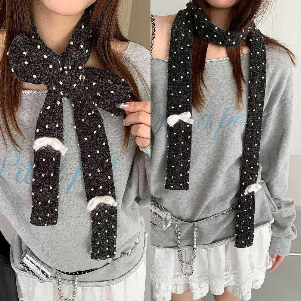 Fashionable Warm Polka Dot Scarf Korean Bowknot Soft Knitted Scarves Bib Narrow Long Scarf Women Neck Accessories