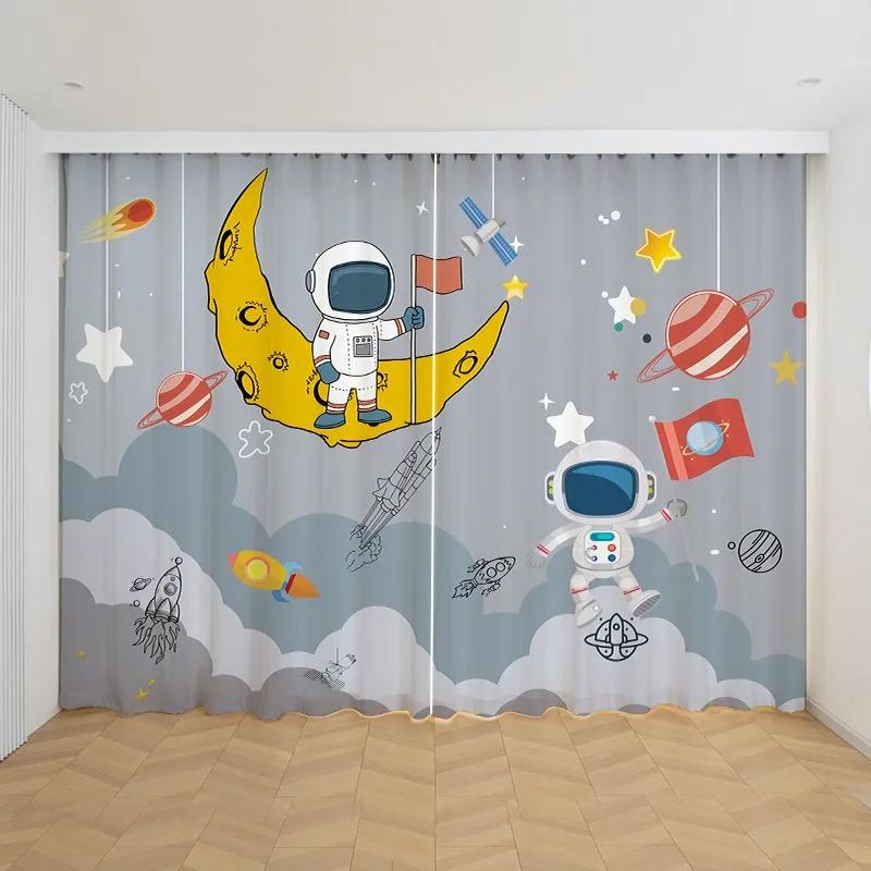 2 Panels Cartoon Space Curtains Cute Astronaut Rocket Moon Planet Printed Curtains for Children's Bedroom Window Blinds Cortinas