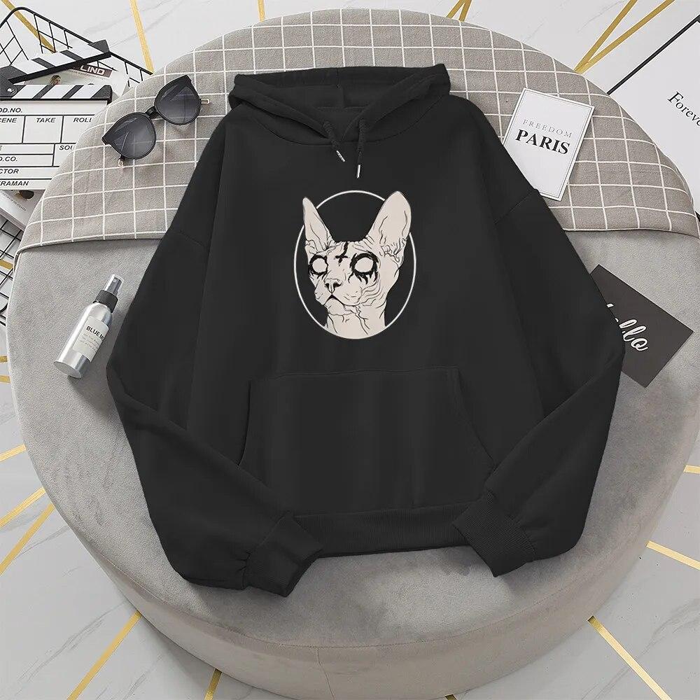 Розовые толстовки с котом сфинкса, WoUnisex, готическая женская толстовка с принтом в стиле панк, зимняя эстетичная толстовка с капюшоном, толстовки с графическим рисунком, одежда L