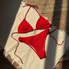 Women's Ribbed Triangle Bikini Set with Gold Chain Detail Halter Tie Side High Cut Cheeky Solid Color Summer Beach Swimwear