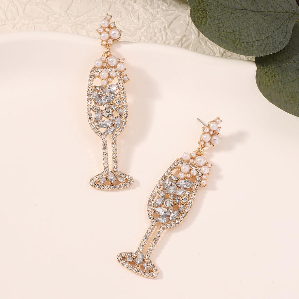 Exaggerated rhinestone pearl fashion personality large version champagne cup earrings earrings European and American new earrings