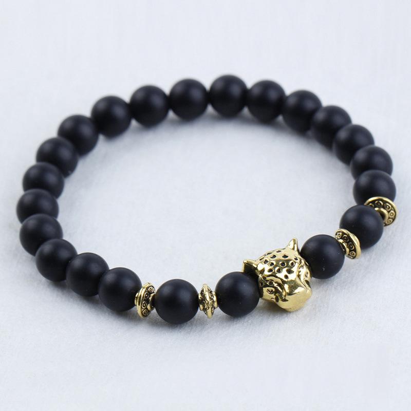 8mm Beaded Bracelet with Lion and Leopard Heads, Natural Volcanic Stone & Malachite on Elastic Cord
