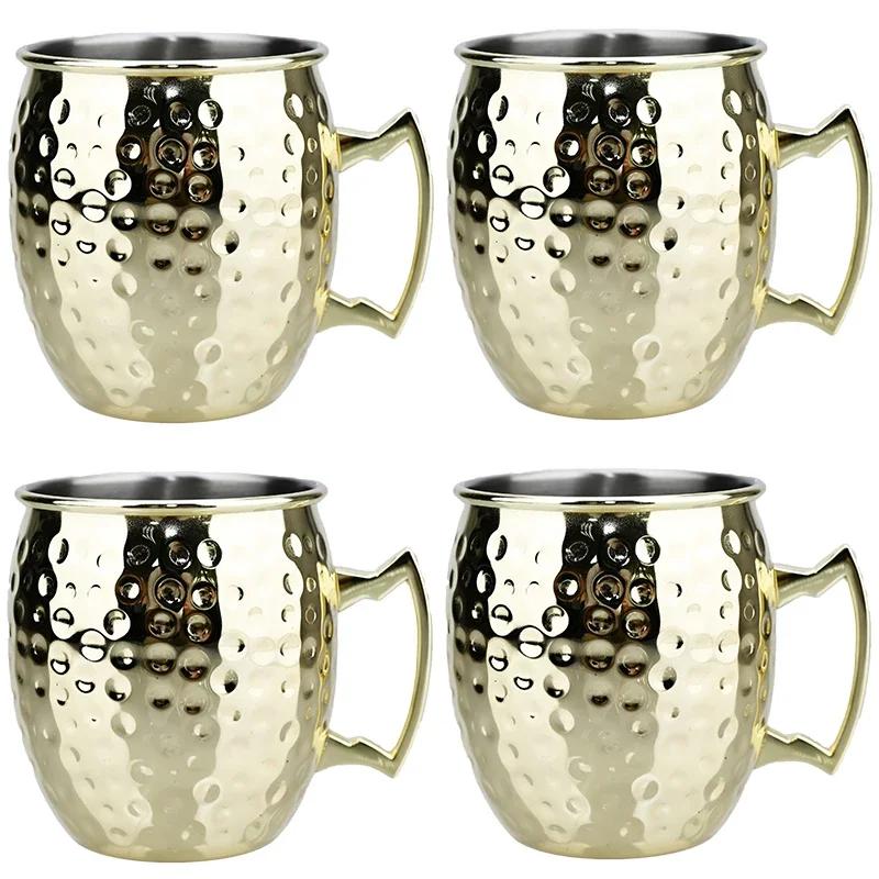 4Pcs Creative Stainless Steel Hammered Point Cocktail Mug Non-Slip with Gold Handle Drum Mug for Home and Bar Drinking Mule Mugs