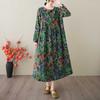 New Spring and Summer Retro Cotton and Linen Round-neck Floral Pocket Long-sleeved Dress for Women, Loose and Slimming A-line Dress