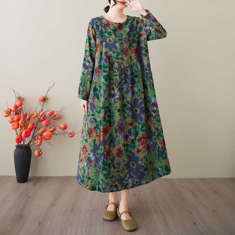 New Spring and Summer Retro Cotton and Linen Round-neck Floral Pocket Long-sleeved Dress for Women, Loose and Slimming A-line Dress