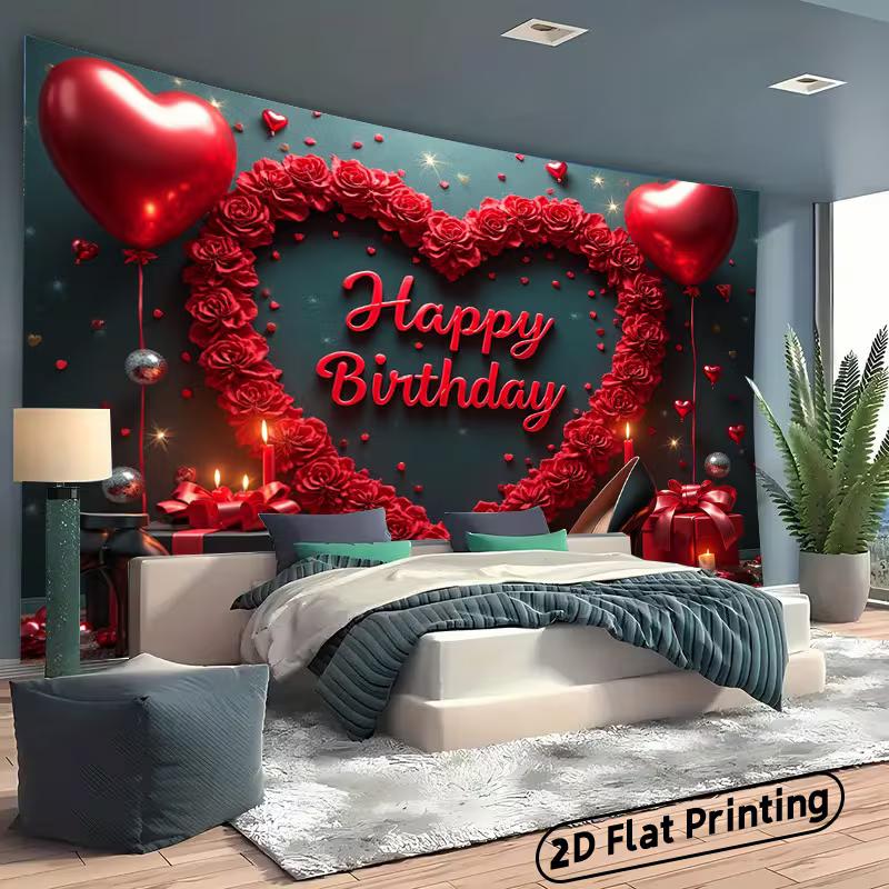 2D Romantic Red Rose Heart Birthday Backdrop Banner Glam Women's Party Decor Background