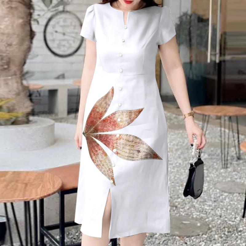 

ZANZEA Women Printed Casual Crew Neck Short Sleeve Slit Side Dresses L