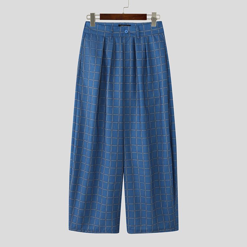 

INCERUN Мужские Повседневные Брюки на Молнии с Клетчатым Узором, Широкие Штанины, Длинные Брюки M синий