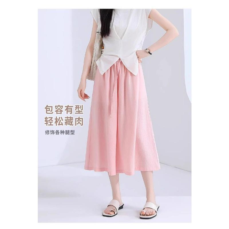 Women's Linen-Blend Wide Leg Pants, Elastic Waist Casual Culottes With Drawstring