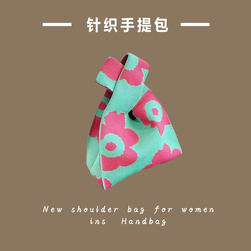 Ins Trendy Handbag Women'S Knitted Wool Bucket Bag Hand Carry Casual Tote Bag Box Lunch Bag