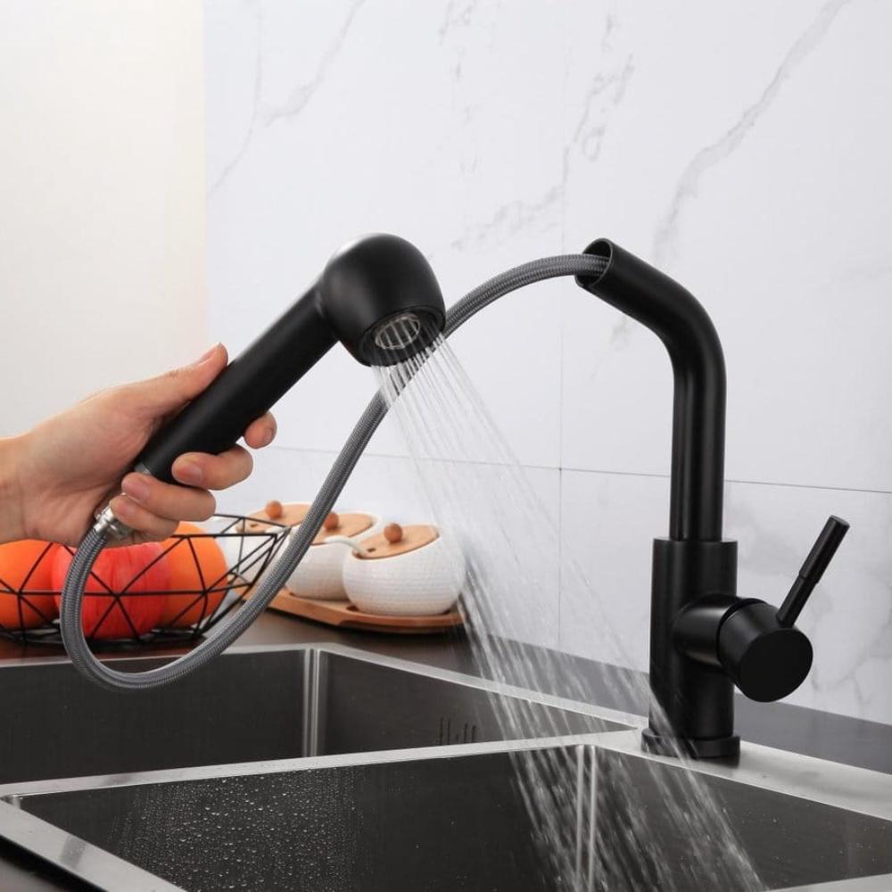 Küchenarmatur mit ausziehbarem Auslauf 360°, schwarz, freistehend, Spüle