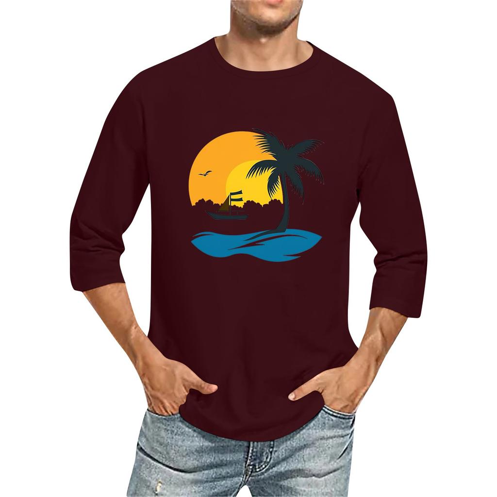 Jednobarevné pánské tričko s kulatým výstřihem a tříčtvrtečním rukávem