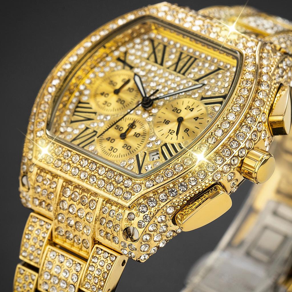 Gold Watch For Men Hip Hop Bling Bling Tonneau Quartz Watches For Large Man Waterproof Millerable Hand Clock Gift