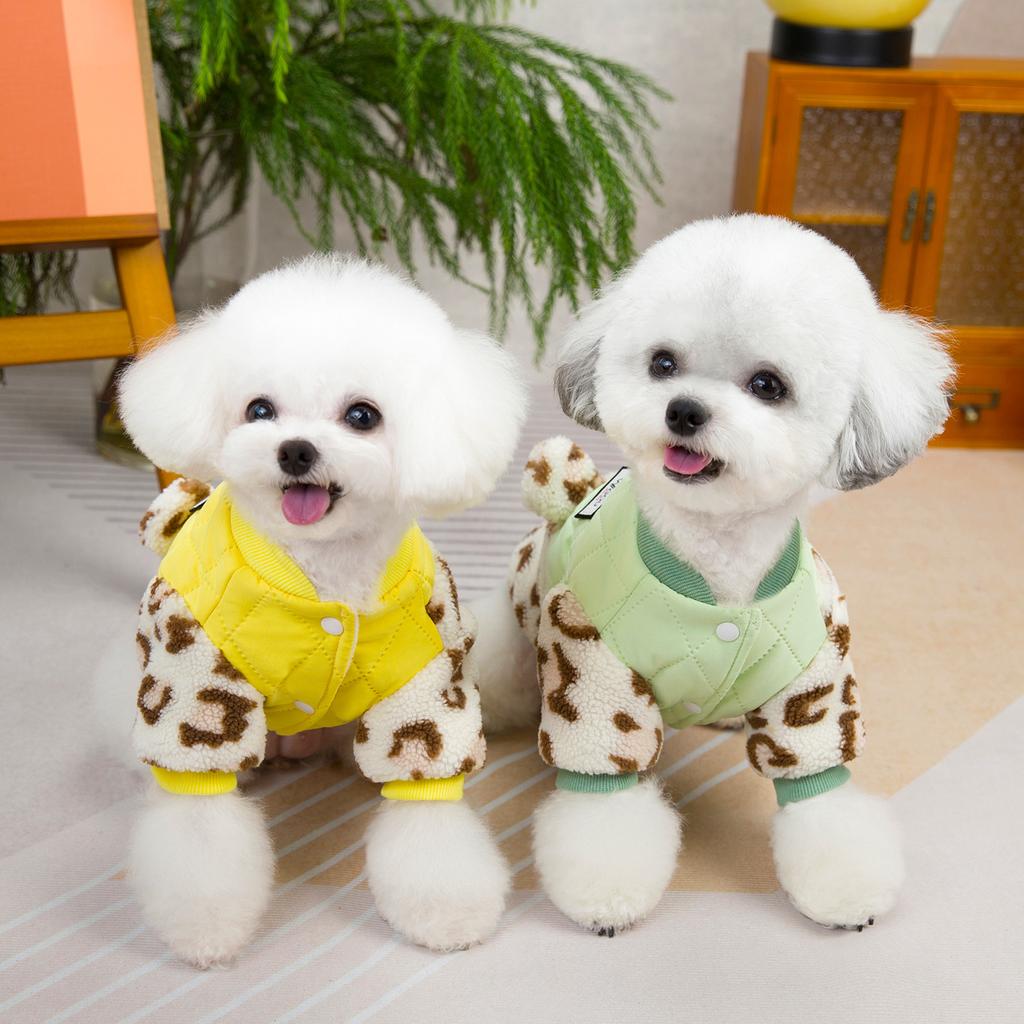 Pet Plush Coat Autumn/Winter Pet Clothing Dog Clothing Teddy Cat Clothing Leopard Pattern Splicing Leg Cotton Puppy Clothes
