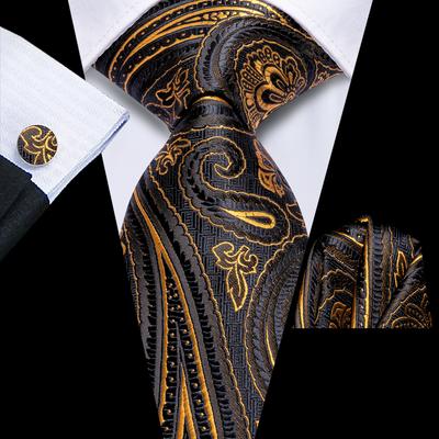 Dark Gold Paisley Jacquard Mens Silk Tie Classic Necktie Cufflink Hanky Set