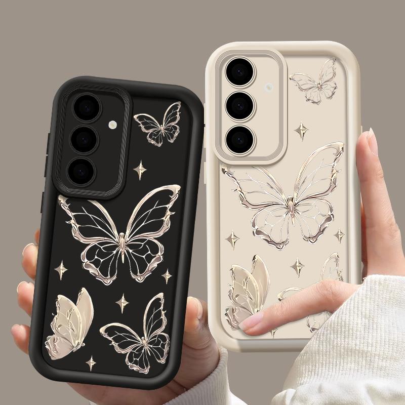 For Samsung S25 Ultra S24 FE S23 S22 A56 A36 A55 A16 A15 A35 Case Butterfly Print Soft Silicone Shockproof Lens Protection TPU Matte Phone Cover
