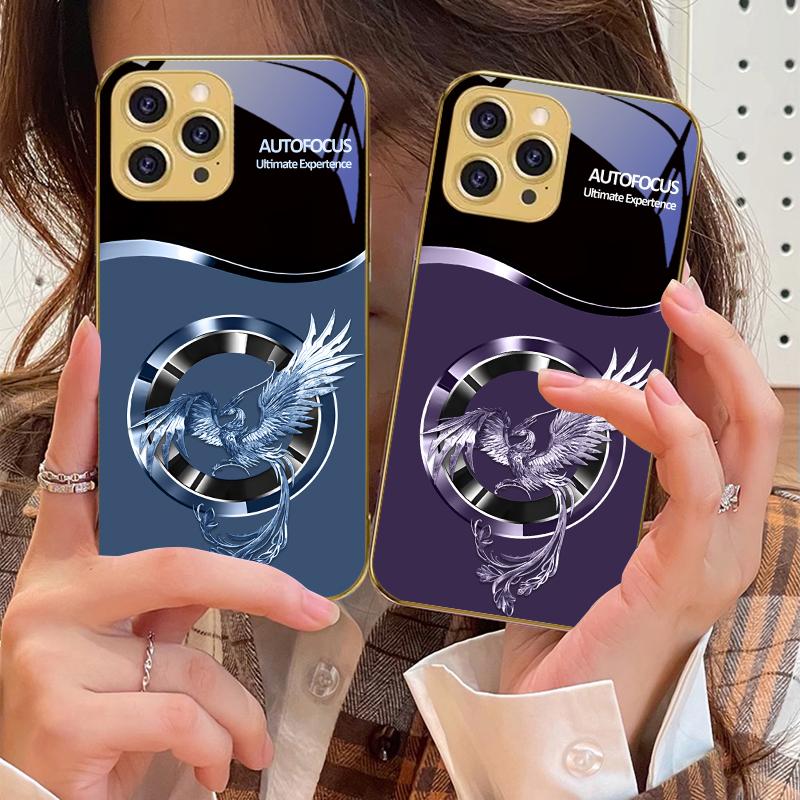 Schöner Pinker Phönix Für IPhone 16 16Pro Max 15 P ro 14 13 Plus 12 Mini 11Pro Max XS Max XR Goldene gehärtete Glas Handyhülle