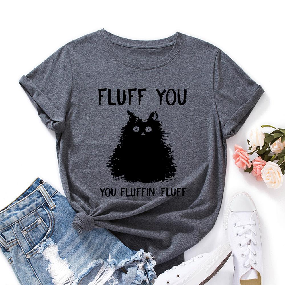 Women's Line Cat Print Loose Round Neck Short Sleeved T-shirt for Women Shirt