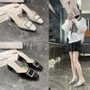 French 2025 Spring Foreign Trade New Square Buckle Sandals Bag Head Half Slippers High Heels Satin Square Head High Heels Women's Shoes