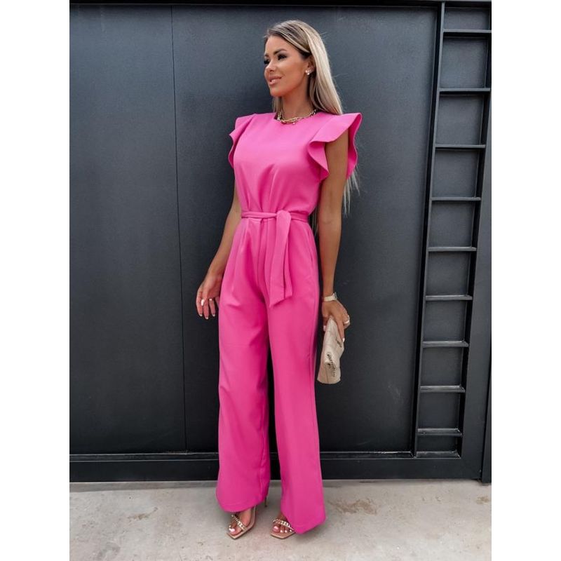 

Комбинезон круглый вырез брюки с оборками отделка талии шнуровка Pink S