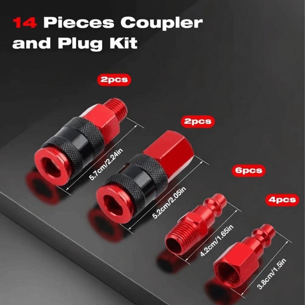 1/4 Inch NPT Thread Air Coupler Plug Kit Aluminium Lightweight Universal Fitting Quick Connect Connector Set Red Coating