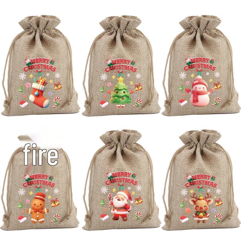 Jute-Style Christmas Gift Bag with Drawstring Closure - Small Candy & Apple Storage