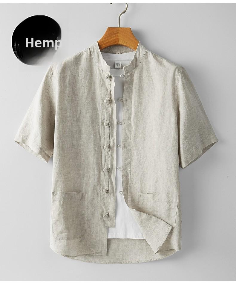 Erkek Çin Tarzı Keten Kısa Kollu Retro Dik Yaka Gömlek