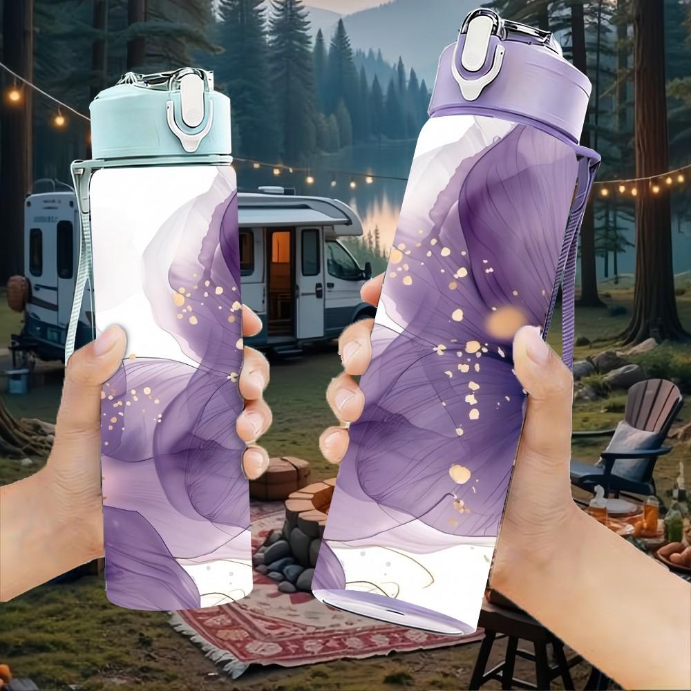 1PC Dark Purple Peony Flower Soft Petal Art Print 750ml Color Plastic Sports Water Bottle Leakproof Flip Straw Lid Suitable for Sports Office Home Use