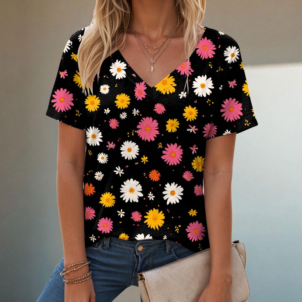 Women’s Floral Butterfly Print Short Sleeve V Neck T Shirt Top ropa mujer