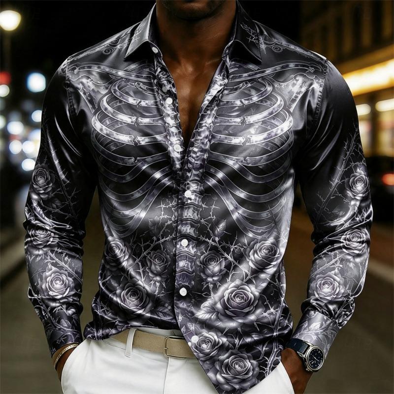 Luxury Men  Silk Satin Shirt Rose Floral Jacquard Long Sleeve Slim Fit Formal Evening Wedding Prom Party Business Dress Shirts