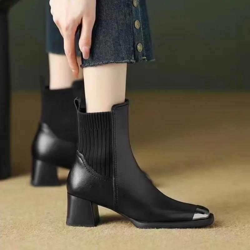 Half High Boots for Women Autumn Leather Winter 2025 Trend Mid Calf Shoes Woman Comfortable and Elegant Gyaru Footwear Goth Hot