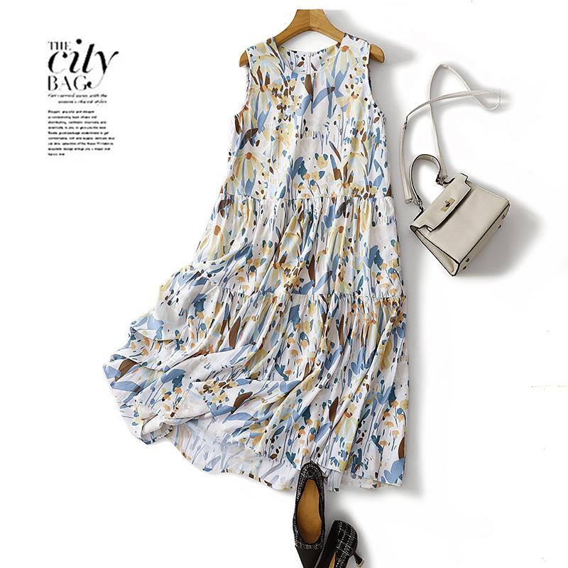 

2025 лето новый праздничный стиль принтованное хлопковое и льняное платье женское свободное и тонкое с круглым вырезом без рукавов маятниковая длинная юбка M