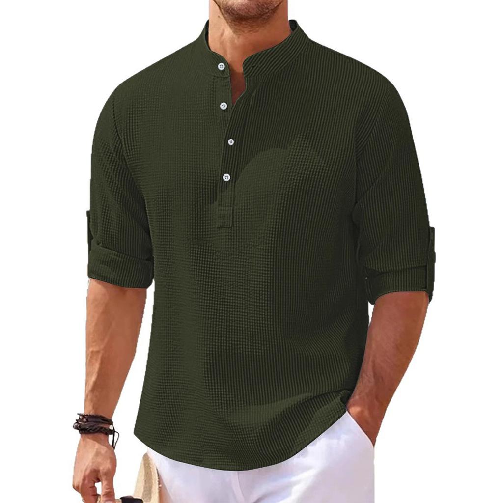 Men'S Fashion Stand Up Collar Solid Color Shirt Casual Long Sleeved Top