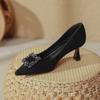 Pointed high heels women's thin heels 2025 new spring and autumn women's shoes rhinestone square buckle suede French small heel light mouth single sho