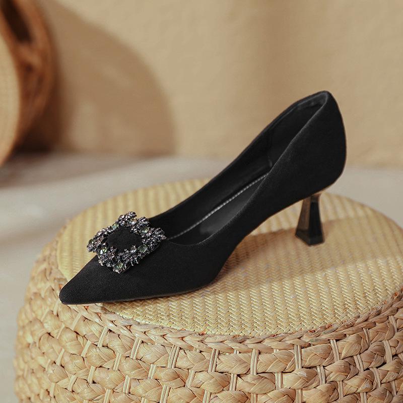 Pointed high heels women's thin heels 2025 new spring and autumn women's shoes rhinestone square buckle suede French small heel light mouth single sho