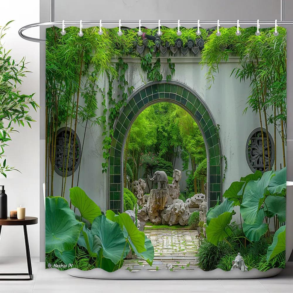 Chinese Archway Scenic Shower Curtain Landscape Waterfall Outdoor Landscape Polyester Fabric Shower Curtains Bathroom Decoration