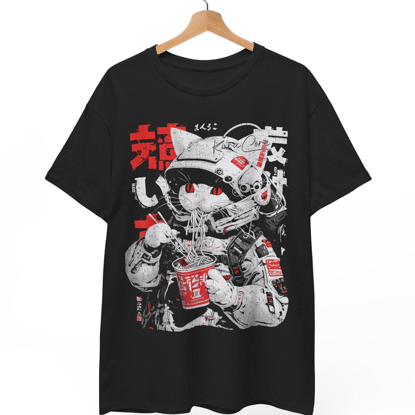 Cyberpunk Ramen Cat T-Shirt, Japanese Anime Graphic Tee, Y2K Techwear 2XL
