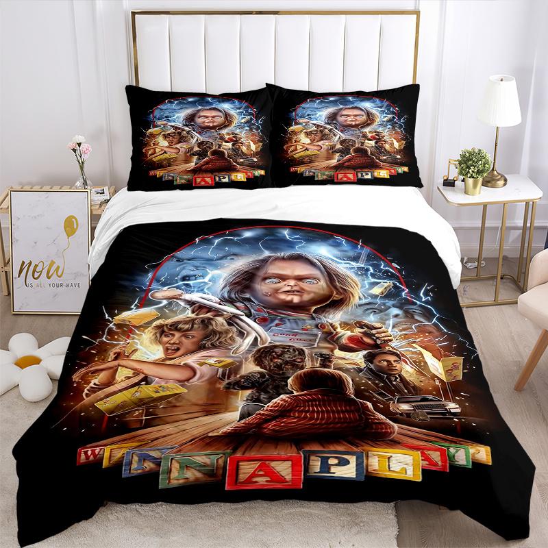 Juego de Ropa de Cama con Estampado Chucky de Horror Definitivo de 3 Piezas (1 funda + 2 fundas de almohada, sin relleno), Este Juego de Cama Estampado es Suave y Cómod