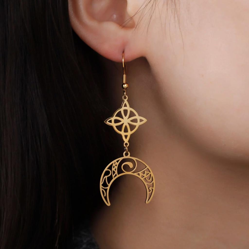 LIKGREAT Witch Knot Moon Drop Dangle Earrings for Women Girls Stainless Steel Celtic Crescent Pendant Jewelry Valentine's Gift