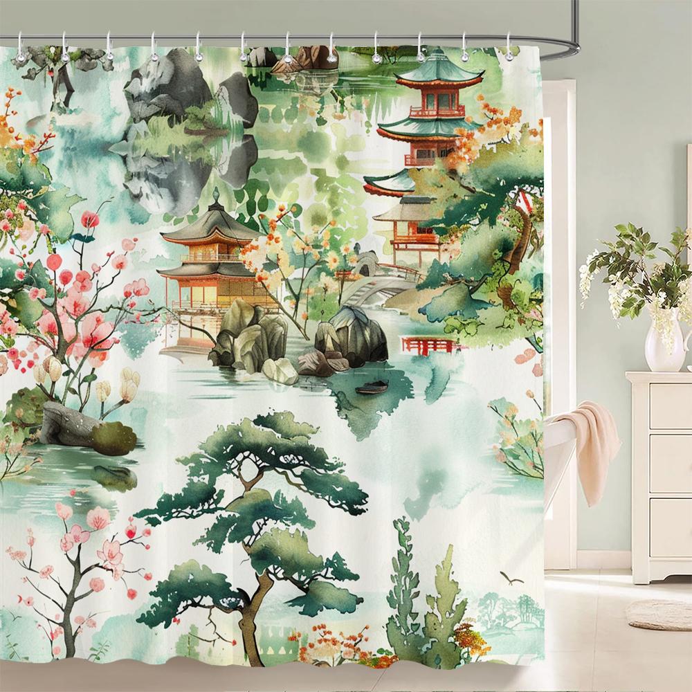 

Home Shower Curtains For Bathroom Waterproof Fabric Japanese Flower Style Bathroom Curtains With Hooks Decorative Curtain W60H190(CM)-1 Pcs