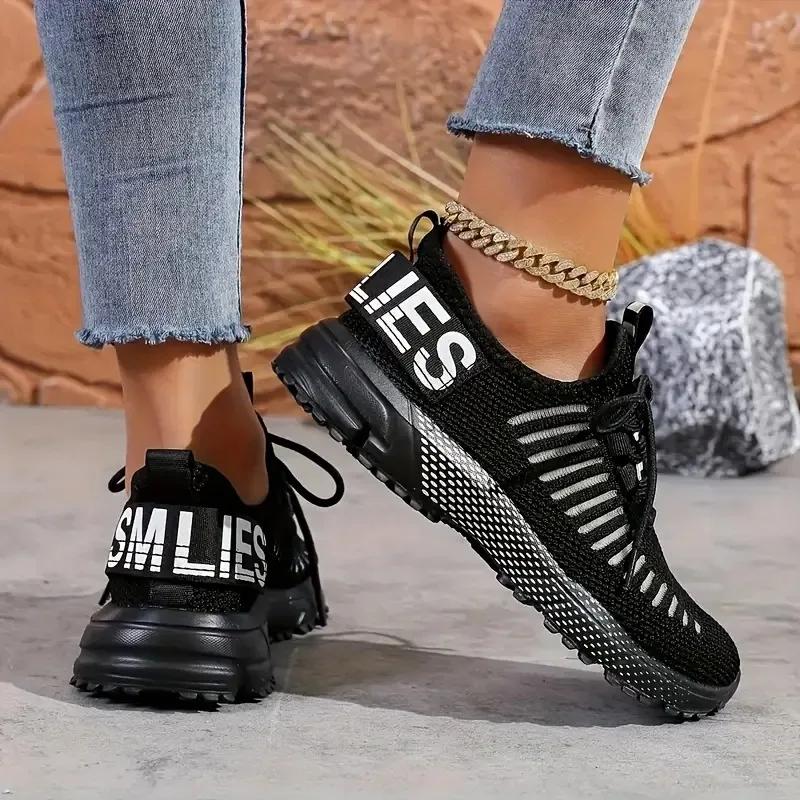 Sneakers Women Luxury Casual Tennis Fashionable Breathable Knitted Walking Shoes Black Anti Slip Lace Up Women'S Running Shoes