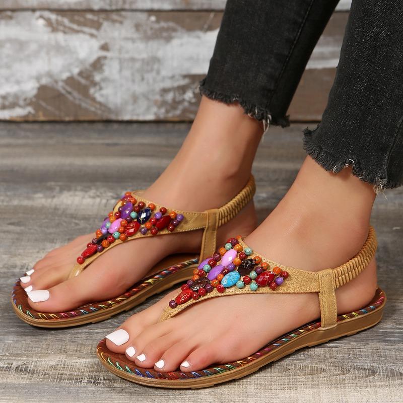 Sandals women's summer new beach shoes herringbone beaded flat sandals large size women's sandals