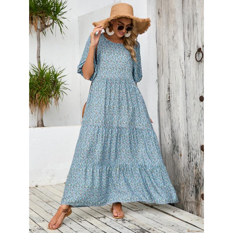 Boho Vacation Style Breathable Cotton Short Sleeve Floral Dress Plus Size Loose Long Dress Comfortable Lightweight Elegant Slimming Flattering Fit