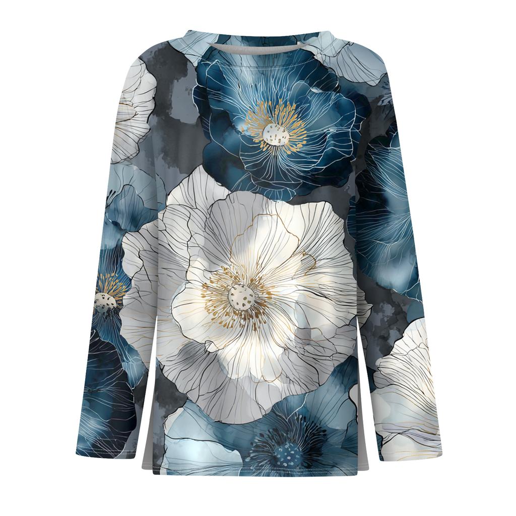 Women's Fashion Hem Slit Casual Retro Floral Print Round Neck Long Sleeve Top