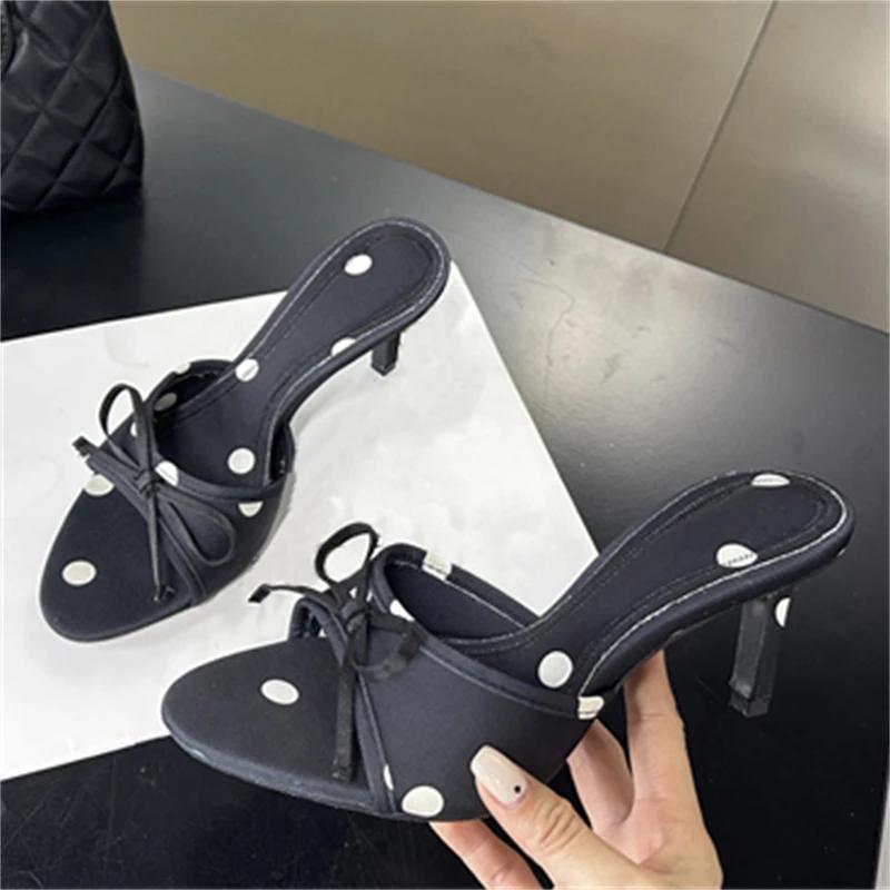 Eilyken Summer Satin Polka Dot Butterfly-kont Thin Heels Women Slippers Open Toe Party Slides Shoes