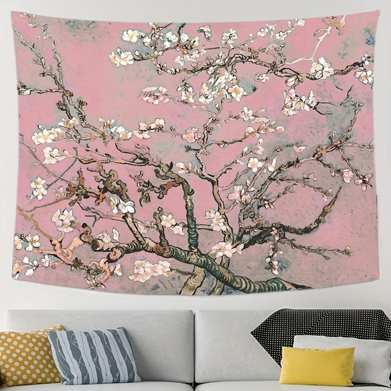 Van Gogh Style Pink Floral Tapestry, Almond Blossom Inspired Polyester Wall Art For Living Room Bedroom, Ideal Holiday Gift