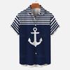 Summer Casual Men Shirts, Navy White Marine Element Fabric Texture Print, Multiple Stitching Design Loose Breathable Open Front Shirts