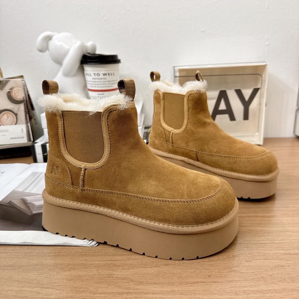 Frosted Leather Big Head Snow Boots Women's Winter Velvet Warm Thick-soled Short Chelsea Boots Fluffy Cotton Boots